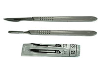 Scalpel handle, stainless steel (including scalpel, 15.5 cm long) with and without scalpel. Scalpel no. 23 in pacakge is shown.
