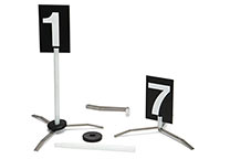 Number signs (from set H-10000) with tripods, extension bars, and stabilizing weights.