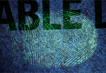 Fingerprint on red label developed with SPR UV, excitation with 365 nm light.